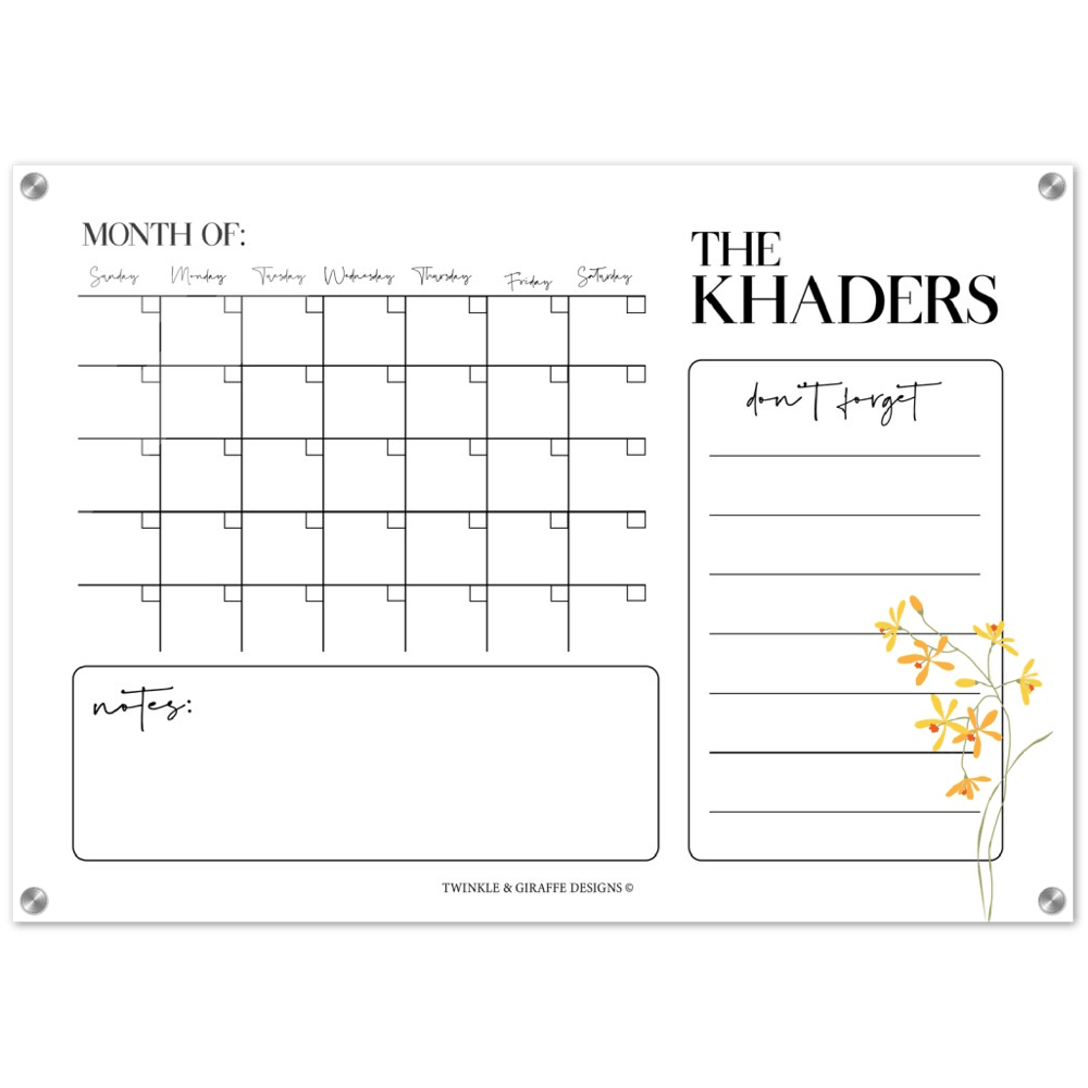 Personalized Family Calendar, Delicate Yellow Flower Monthly Calendar, Acrylic Print Family Calendar Planner