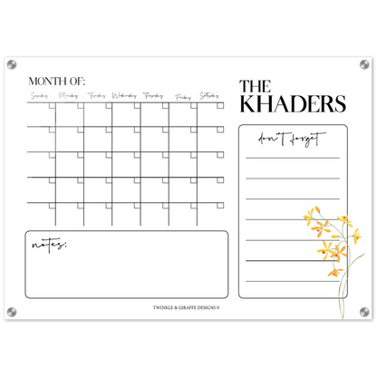 Personalized Family Calendar, Delicate Yellow Flower Monthly Calendar, Acrylic Print Family Calendar Planner