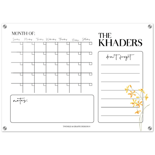 Personalized Family Calendar, Delicate Yellow Flower Monthly Calendar, Acrylic Print Family Calendar Planner