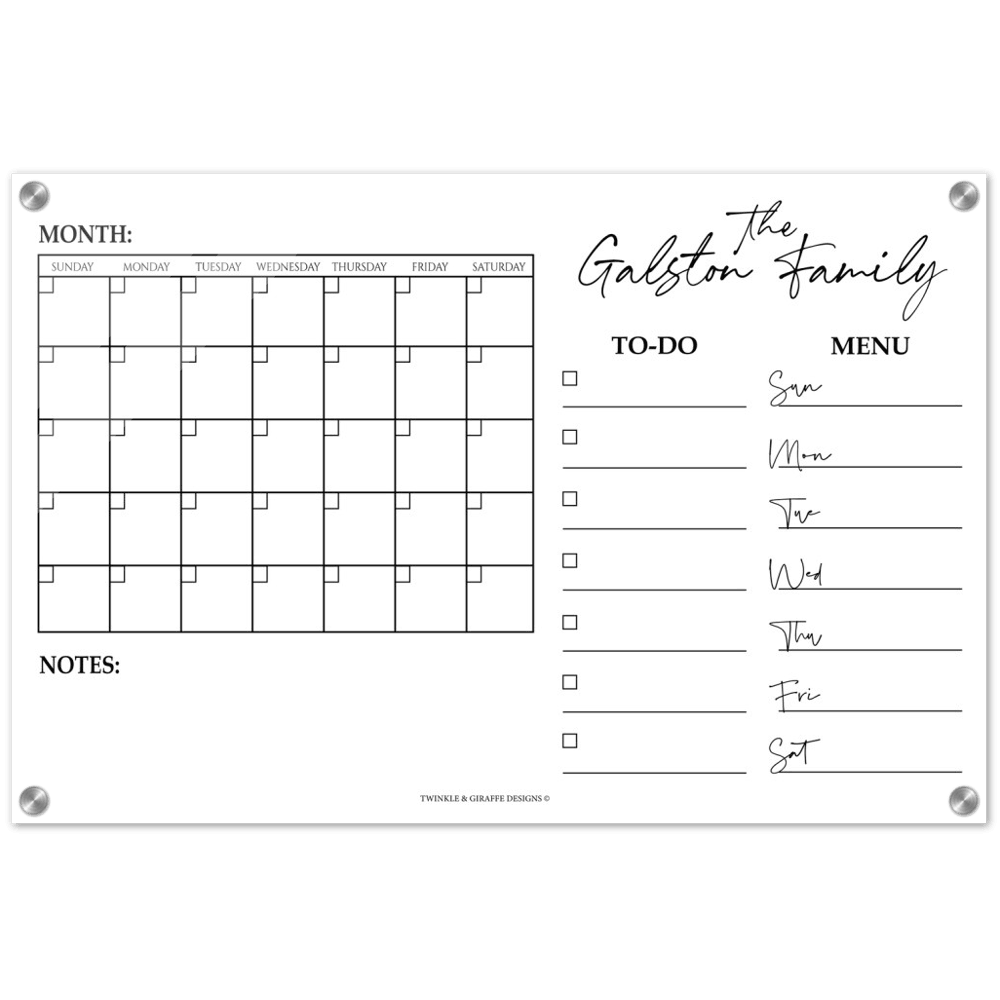 Personalized Family Calendar, Dry Erase Monthly Calendar, Monthly and Weekly Wall Calendar, Personalized Note Board, Acrylic Print