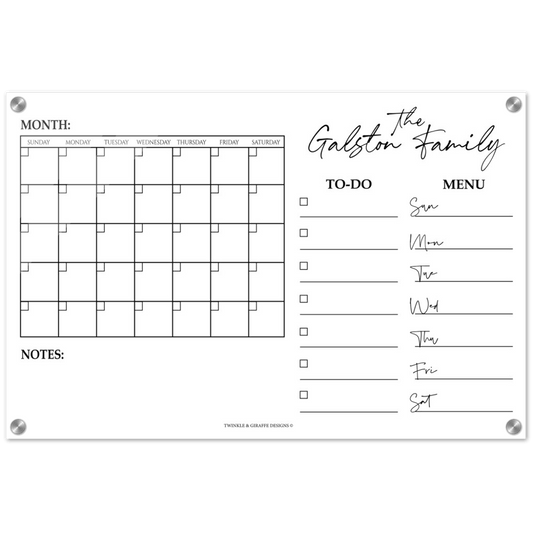 Personalized Family Calendar, Dry Erase Monthly Calendar, Monthly and Weekly Wall Calendar, Personalized Note Board, Acrylic Print