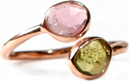 Pink and Green Tourmaline Bezel Set Ring Sterling Silver