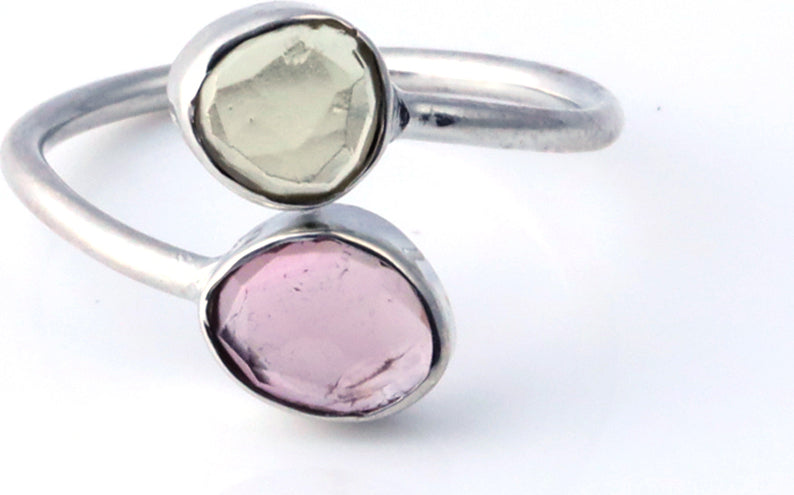 Pink and Green Tourmaline Bezel Set Ring Sterling Silver