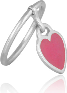 Pink-Enamelled Heart Charm Ring Sterling Silver