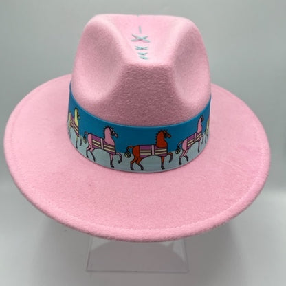 Pink fedora with baby blue details