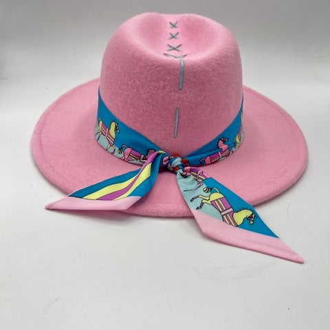 Pink fedora with baby blue details