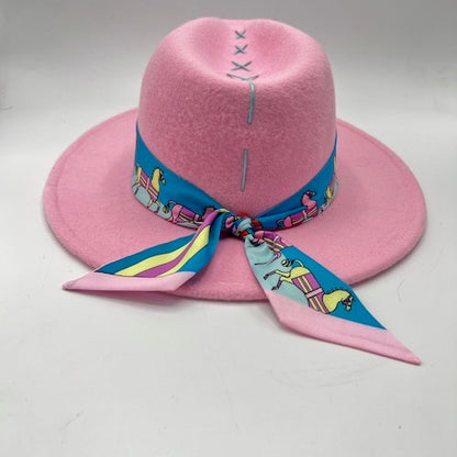 Pink fedora with baby blue details