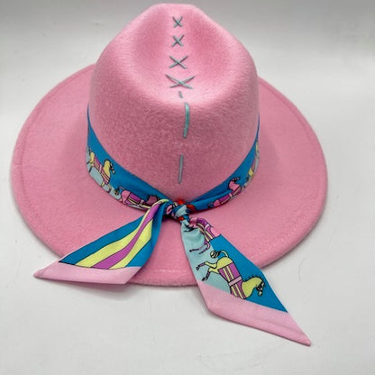 Pink fedora with baby blue details