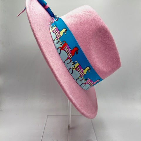 Pink fedora with baby blue details