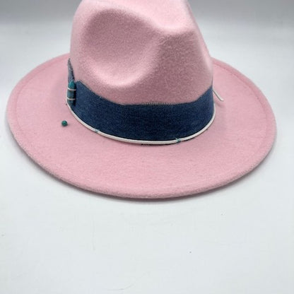 Pink fedora with jeans strap