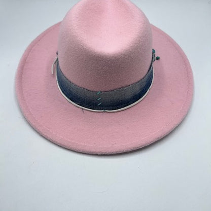 Pink fedora with jeans strap