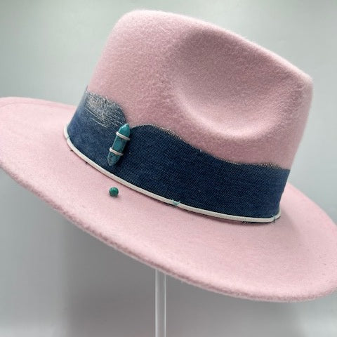 Pink fedora with jeans strap