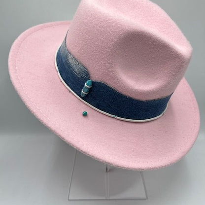 Pink fedora with jeans strap