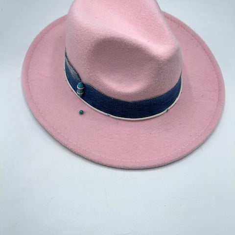 Pink fedora with jeans strap