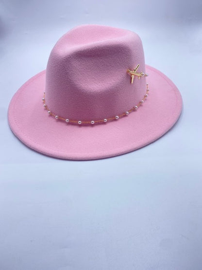 Pink wool fedora hat with airplane accessory