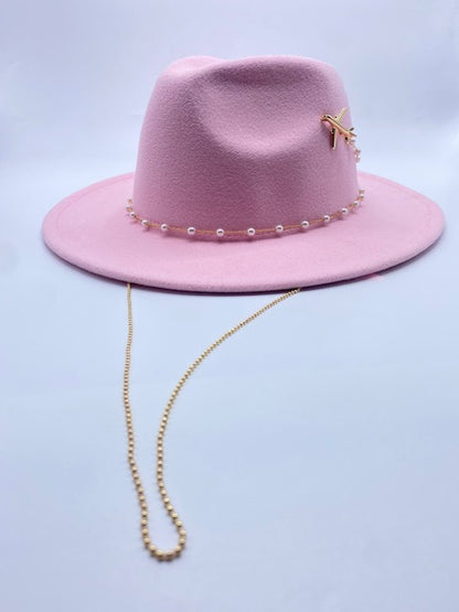 Pink wool fedora hat with airplane accessory