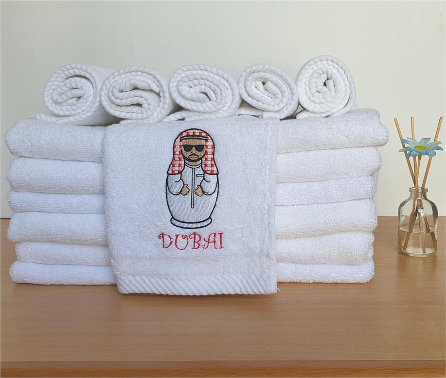 Premium Quality White Face Towel. Arab Man Design. 100% Cotton. Soft feel for your comfort. Size 30 x 30.5cm