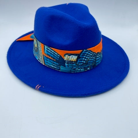 Royal blue fedora with orange details