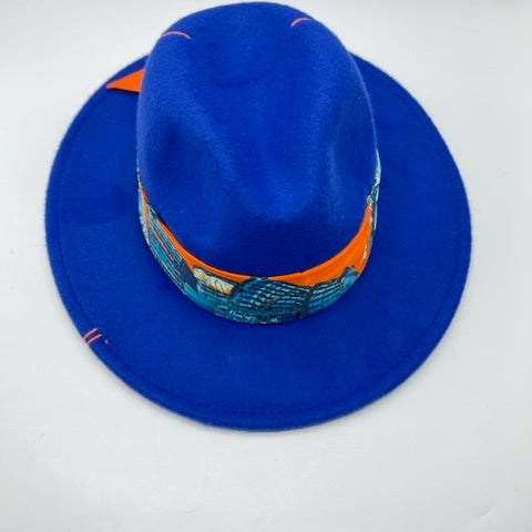 Royal blue fedora with orange details