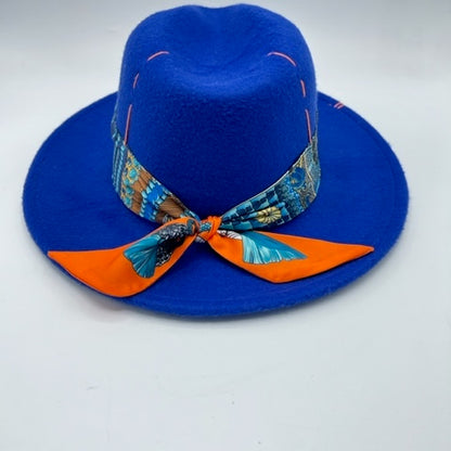 Royal blue fedora with orange details