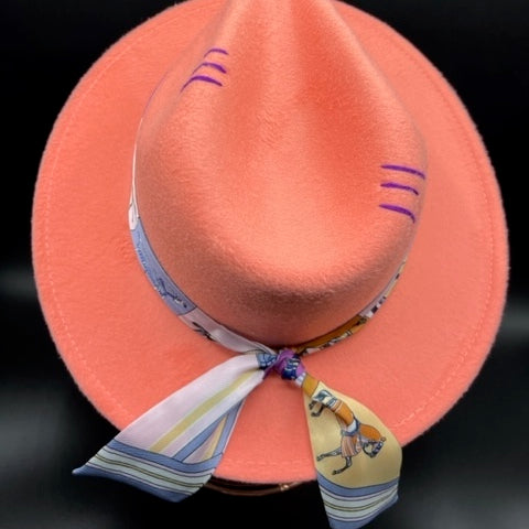 Salmon color fedora with purple details