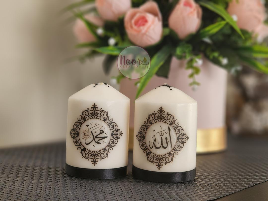 Set of 2 candles in scripted in Arabic - Allah (swt) & Mohammed (pbuh) Islamic Art **Great Ramadhan / Eid Gift **