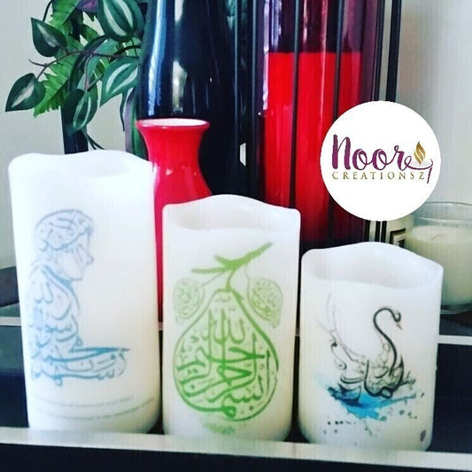 Set of 3 Flicker candles printed with Calligraphy Arabic art (remote included) Eid / Ramadhan Gift