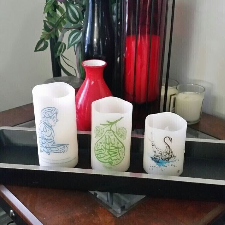 Set of 3 Flicker candles printed with Calligraphy Arabic art (remote included) Eid / Ramadhan Gift