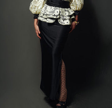 Short layered taffeta jacket with silk satin collar, pleated belt, and inner lining with silk satin pencil skirt.