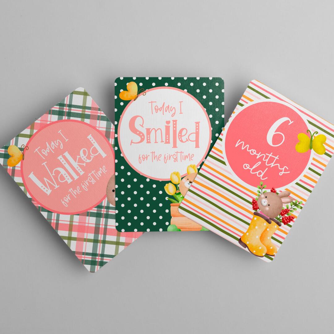 Spring Bunny Flowers Baby Milestone Cards - Set of 25