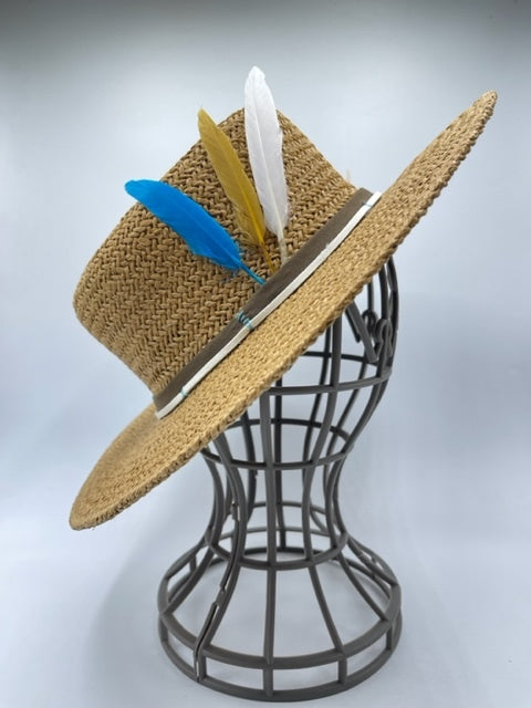 stylish paper straw summer hat with feathers