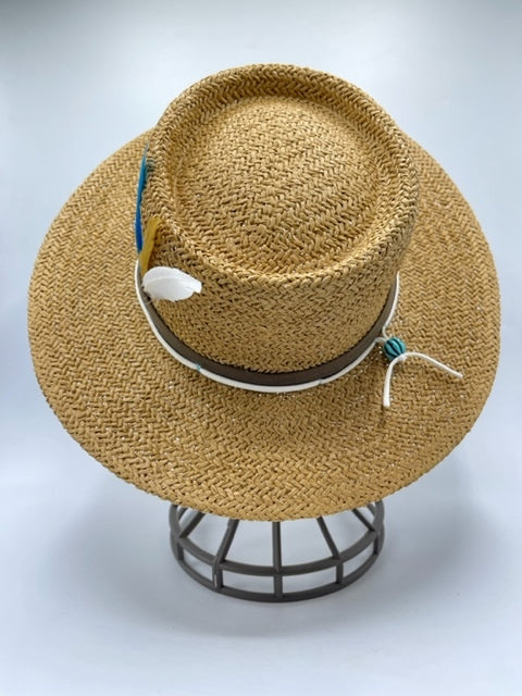 stylish paper straw summer hat with feathers