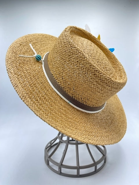 stylish paper straw summer hat with feathers