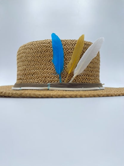 stylish paper straw summer hat with feathers