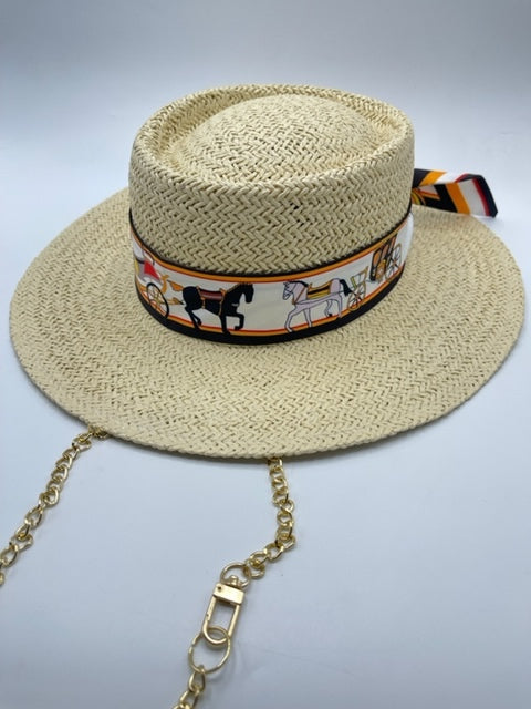 Summer hat with carriage scarf and gold chain