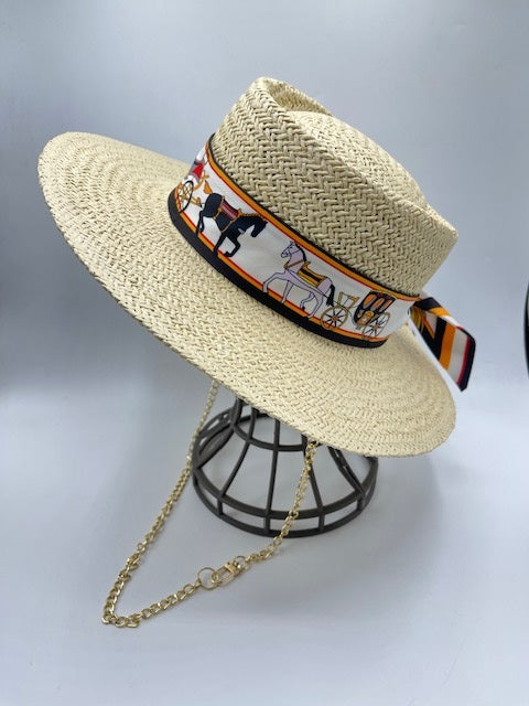 Summer hat with carriage scarf and gold chain