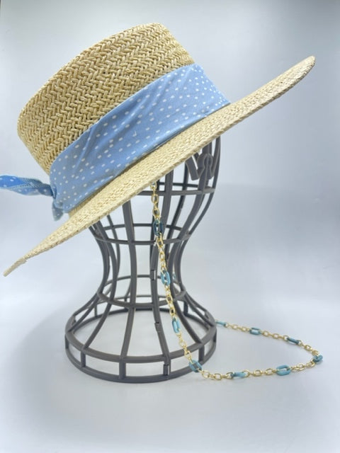 Summer paper straw hat with baby blue scarf and golden chain