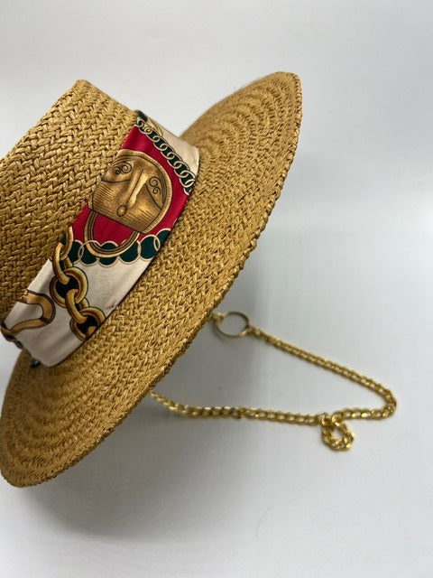 Summer paper straw hat with gold chain