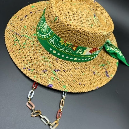 Summer paper straw hat with green scarf and chain