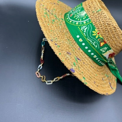 Summer paper straw hat with green scarf and chain