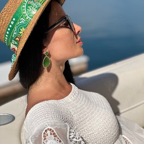 Summer paper straw hat with green scarf and chain