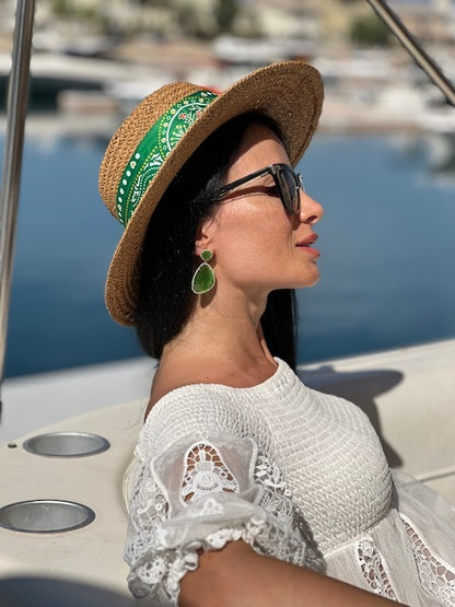 Summer paper straw hat with green scarf and chain