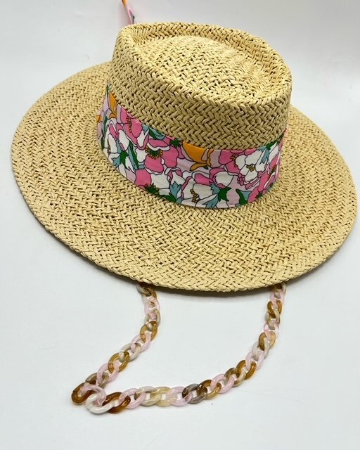 Summer paper straw hat with pink scarf and chain