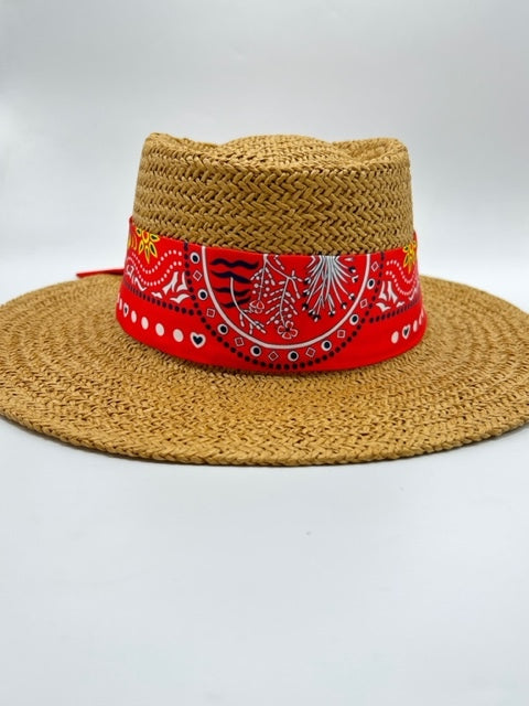 Summer paper straw hat with red bandana