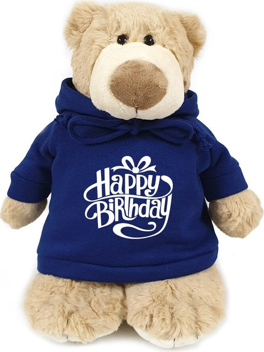 Super soft, cuddly bear with trendy blue happy birthday hoodie, size 28cm.