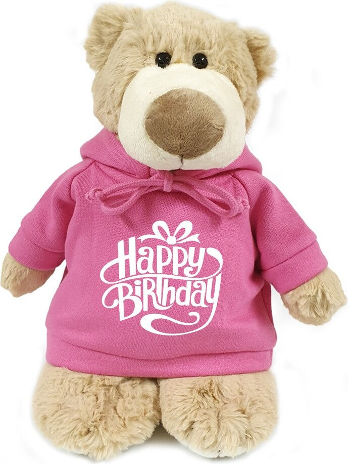 Super soft, cuddly bear with trendy pink happy birthday hoodie, size 28cm.