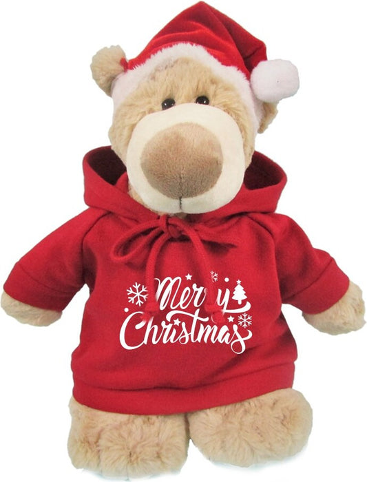 Super soft, cuddly Christmas bear with trendy red hoodie and cute Santa hat, size 28cm. Ideal for Christmas gifting, boys, girls, family festivities