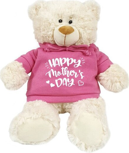 Super soft, cuddly cream  bear with trendy pink Happy Mother's Day hoodie, size 38cm.