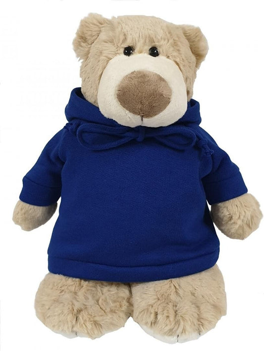 Super soft cuddly mascot bear with trendy blue hoodie, size 28cm.