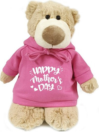 Super soft, cuddly mascot bear with trendy pink Happy Mother's Day hoodie, size 28cm.